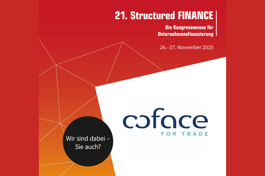 Diese Grafik zeigt das Leitmotiv der diesjährigen Structured Finance in Stuttgart. Darauf zu sehen ist das Logo "Coface for Trade".